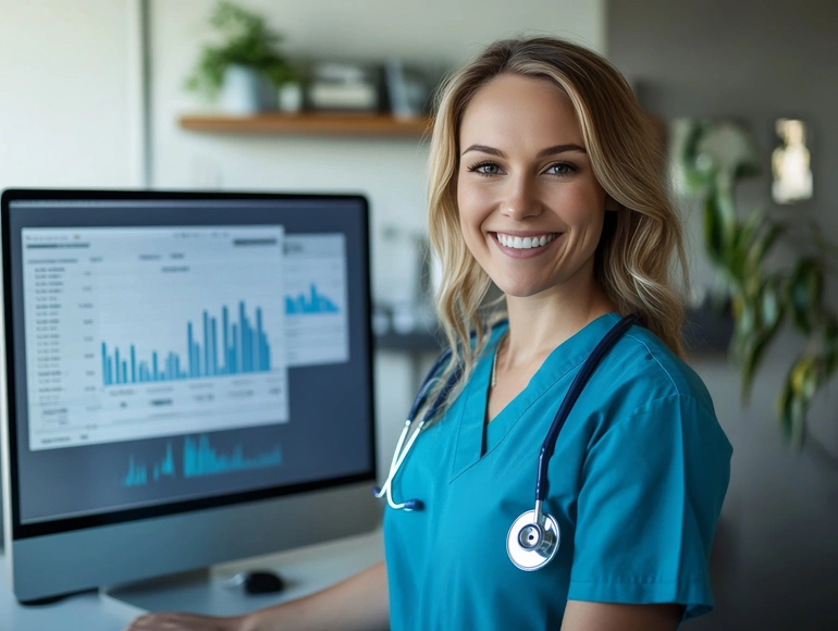 A smiling aesthetic nurse in aqua scrubs with a stethoscope, standing in front of a computer displaying bar chart data.