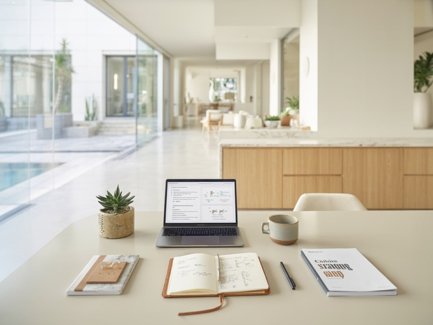 Business planning workspace with laptop, notebook, and strategy documents in a modern private practice