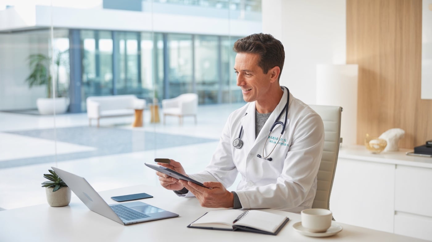 Medical professional reviewing business plan in modern med spa