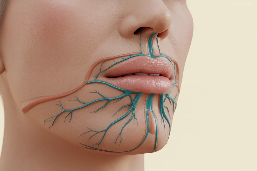 Anatomical illustration of the labial arteries showing a depth difference