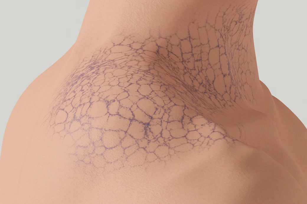 Close view of skin showing a lacy reticulated mottling pattern