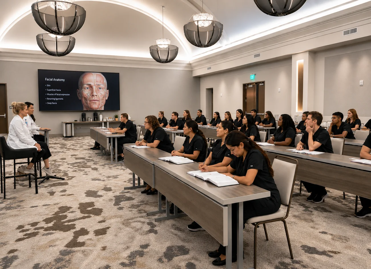 Empire Medical Training classroom — physicians and nurses in a facial-anatomy continuing-education session