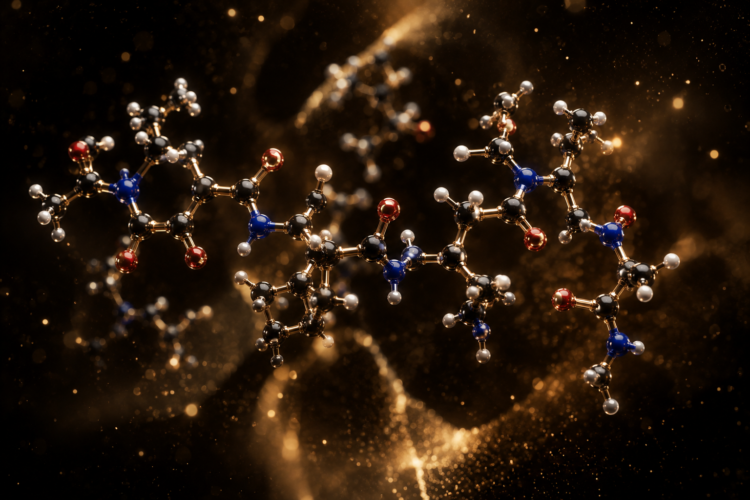 Therapeutic peptide molecule rendered in gold and onyx &mdash; the chemistry behind Empire&rsquo;s Peptide Therapy Training Course.