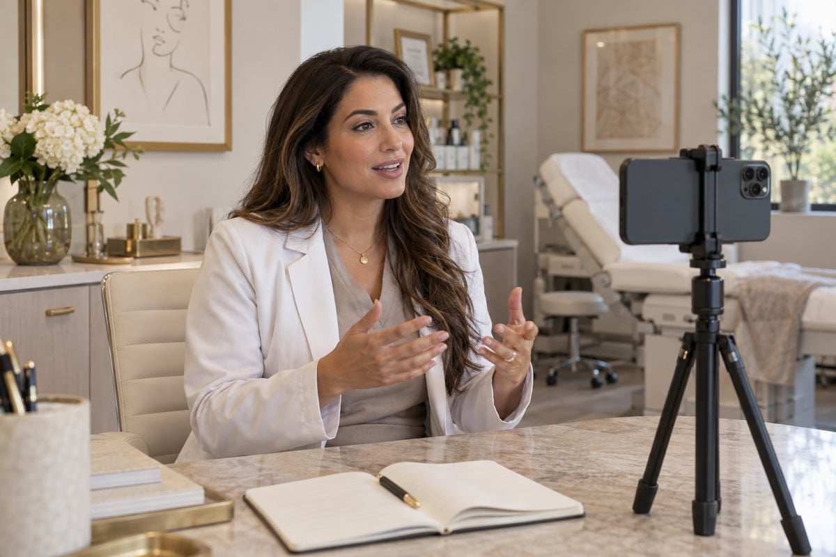 Clinician recording with a horizontal phone on a tripod at eye level