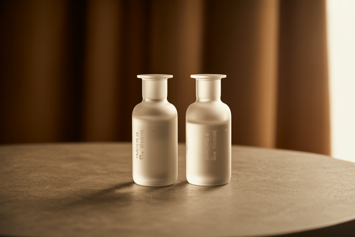 Two glass vials — bioidentical versus synthetic hormones