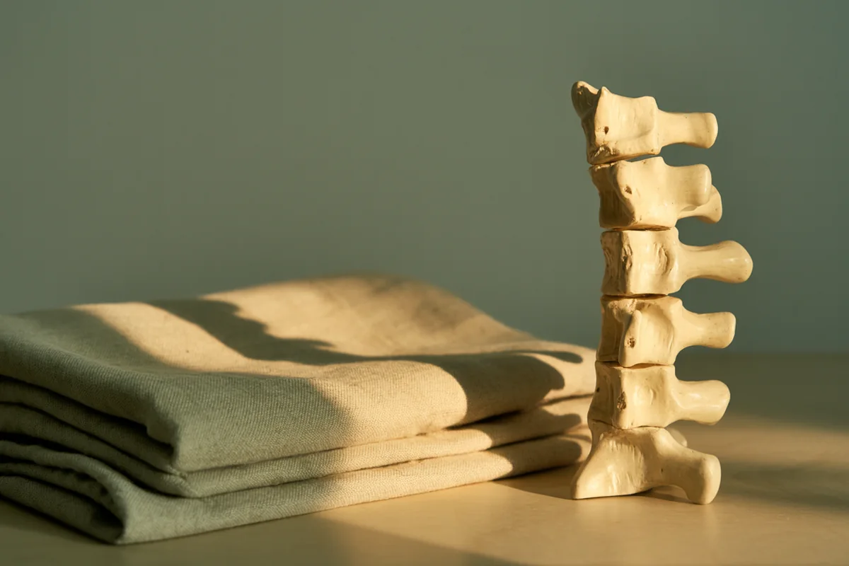 A carved pale wood model of cervical vertebrae standing upright beside folded linen in golden-hour light