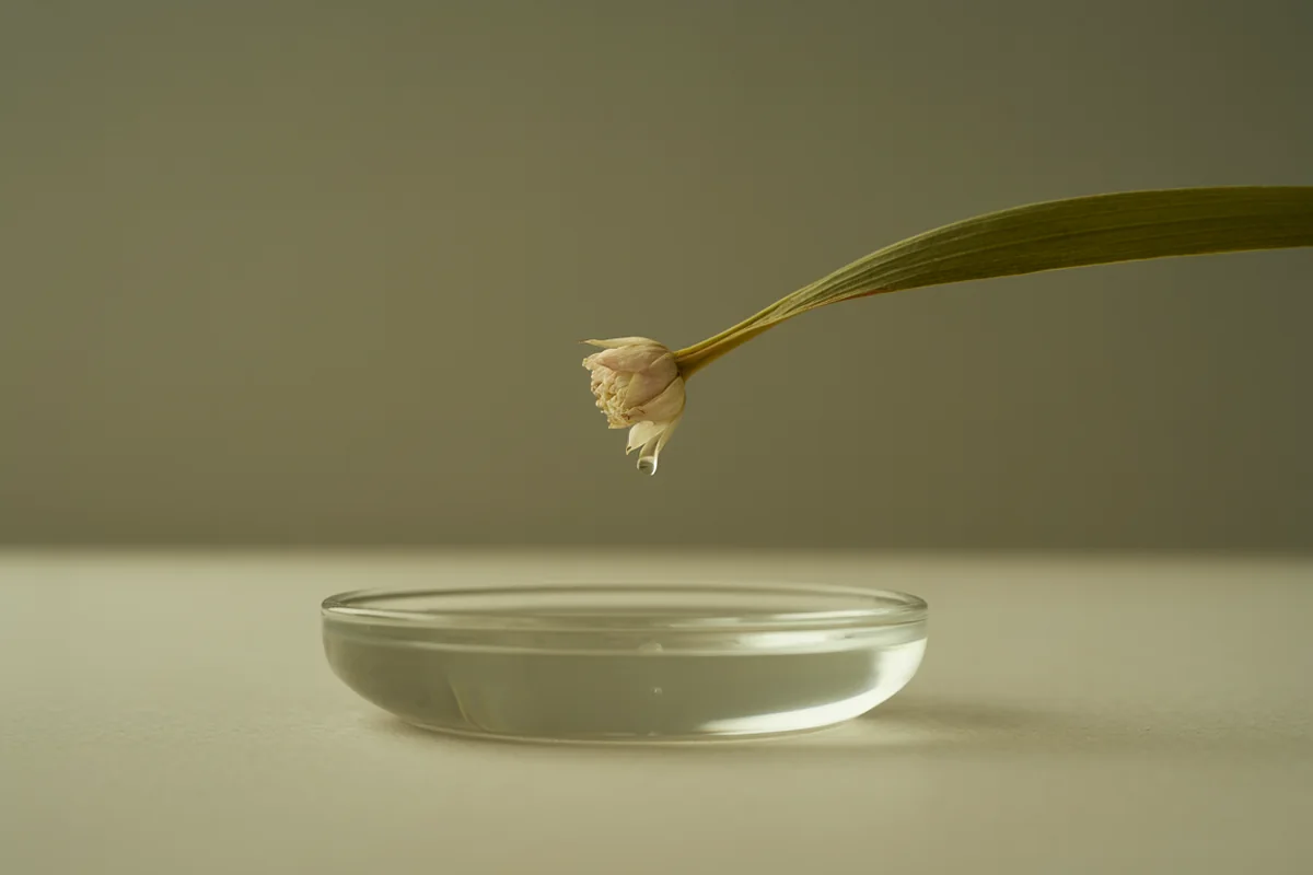 A single water droplet suspended at the tip of a slender stem above a shallow bowl of still water