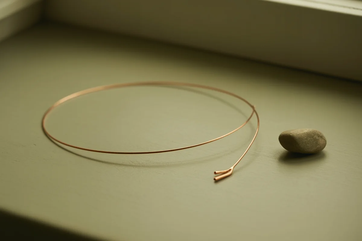 A fine copper wire laid in a gentle S-curve with a small dark stone resting at one end