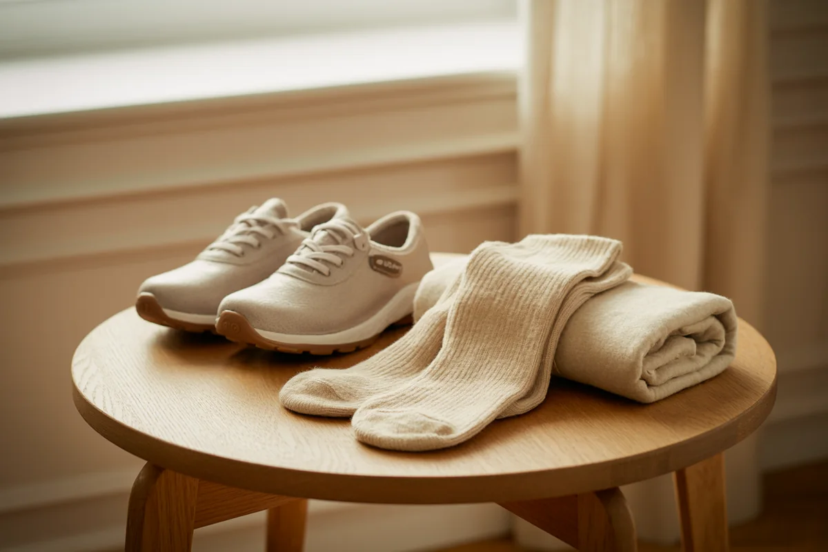 A pair of soft grey cushioned walking shoes and folded cream wool socks on a pale oak tabletop in warm golden-hour light