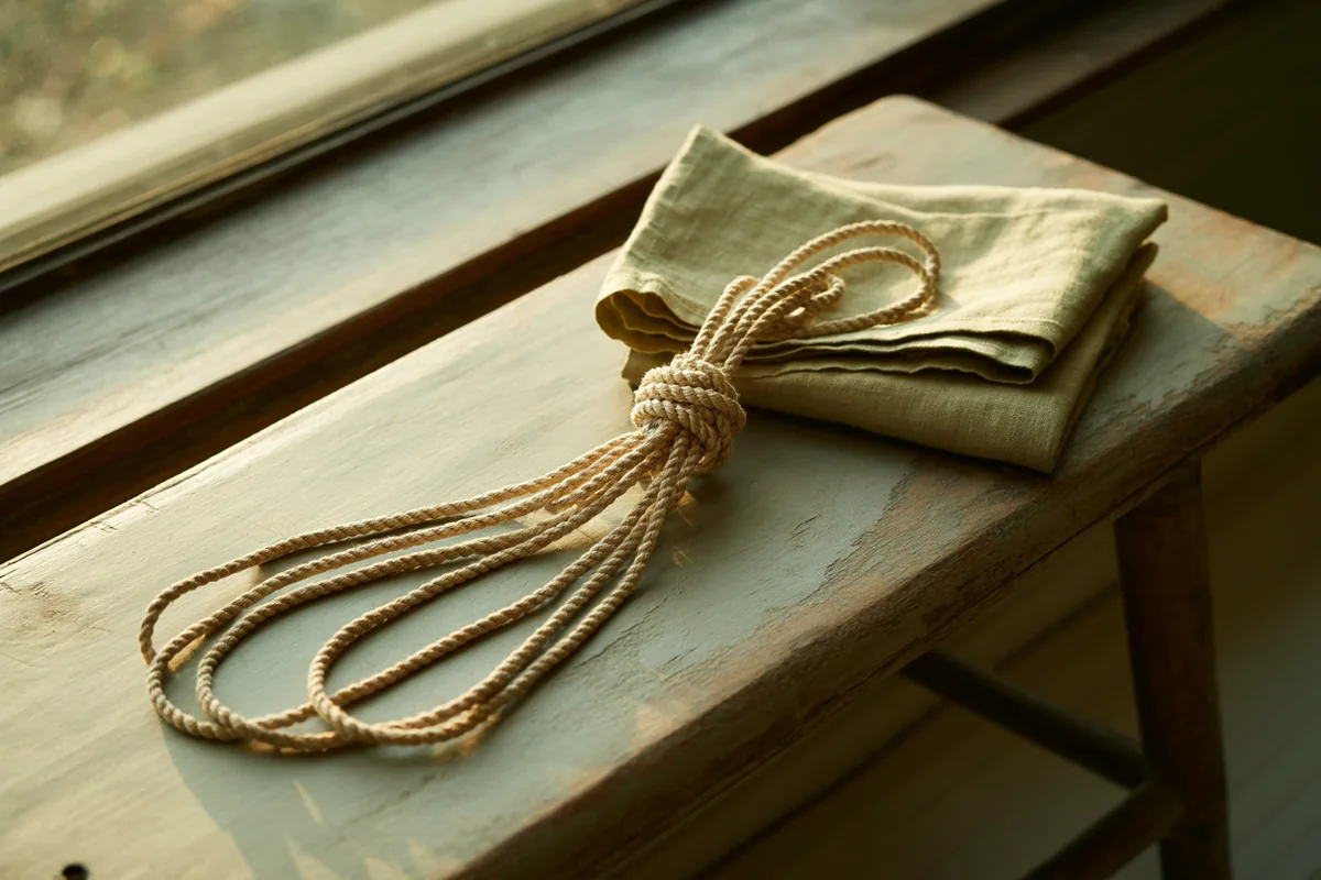 Four strands of natural cord converging and knotted at a single point beside sage linen on a weathered oak bench in golden-hour light