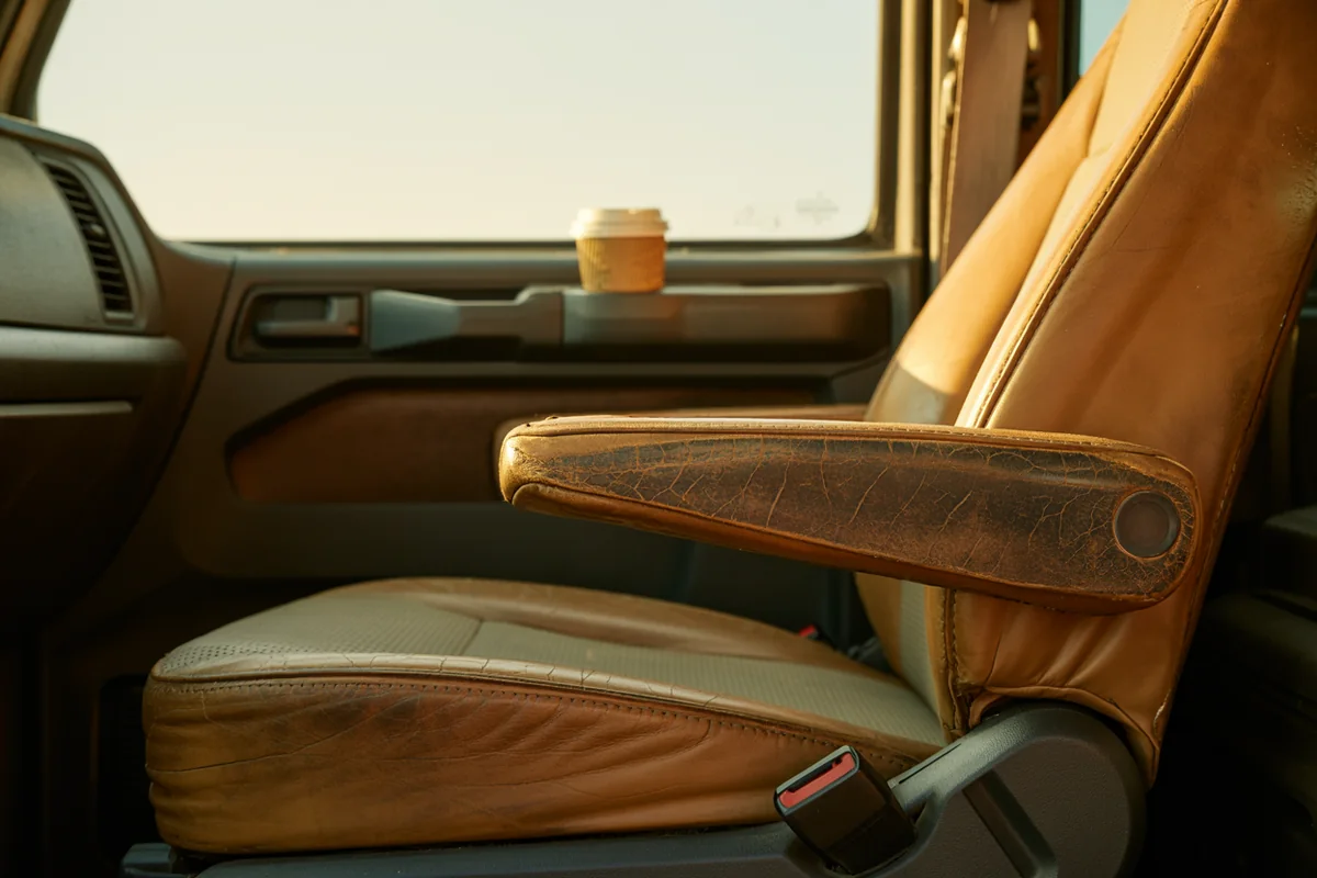 The worn leather armrest of a long-haul truck cab seat in warm late-afternoon light