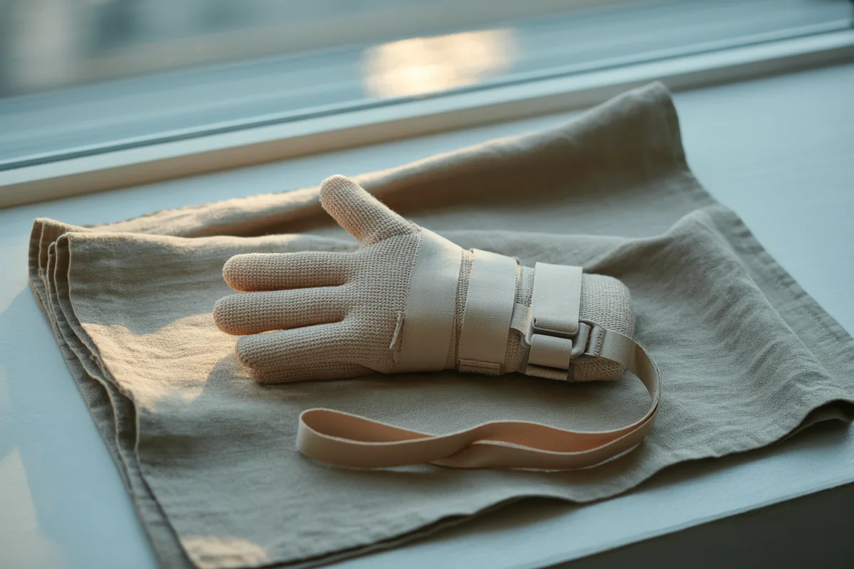 A folded beige fabric thumb and wrist support splint resting on rumpled natural linen in soft window light