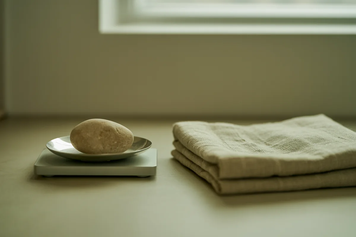 A single smooth stone resting level on a precision balance pan in soft window light