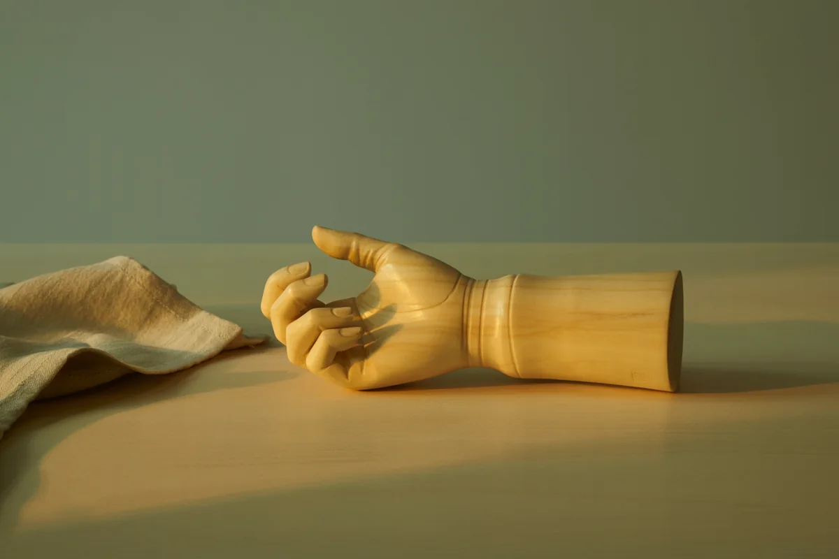 A carved pale wood anatomical model of a wrist and hand resting on a wooden surface in golden-hour light