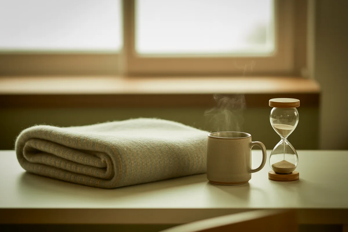 A folded wool blanket beside a steaming mug and a sand timer in warm window light
