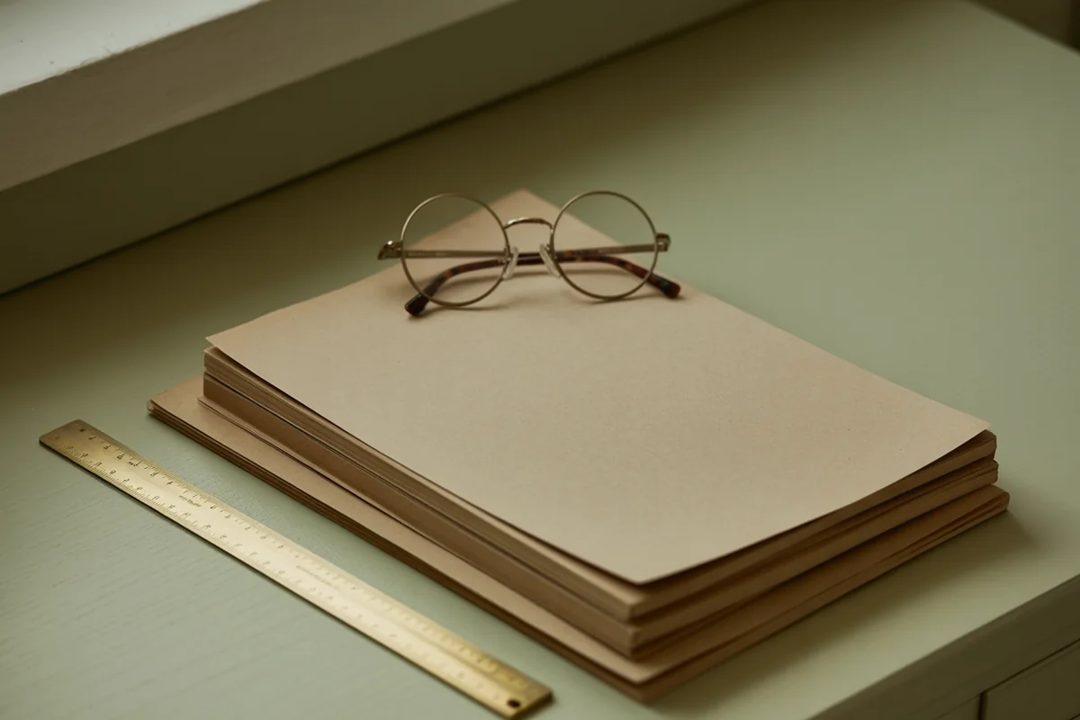 Reading glasses resting on a stack of plain printed sheets beside a brass ruler in late afternoon light