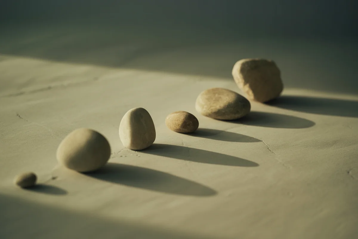 Smooth stones of graduated size arranged in a line casting long parallel shadows on a pale surface