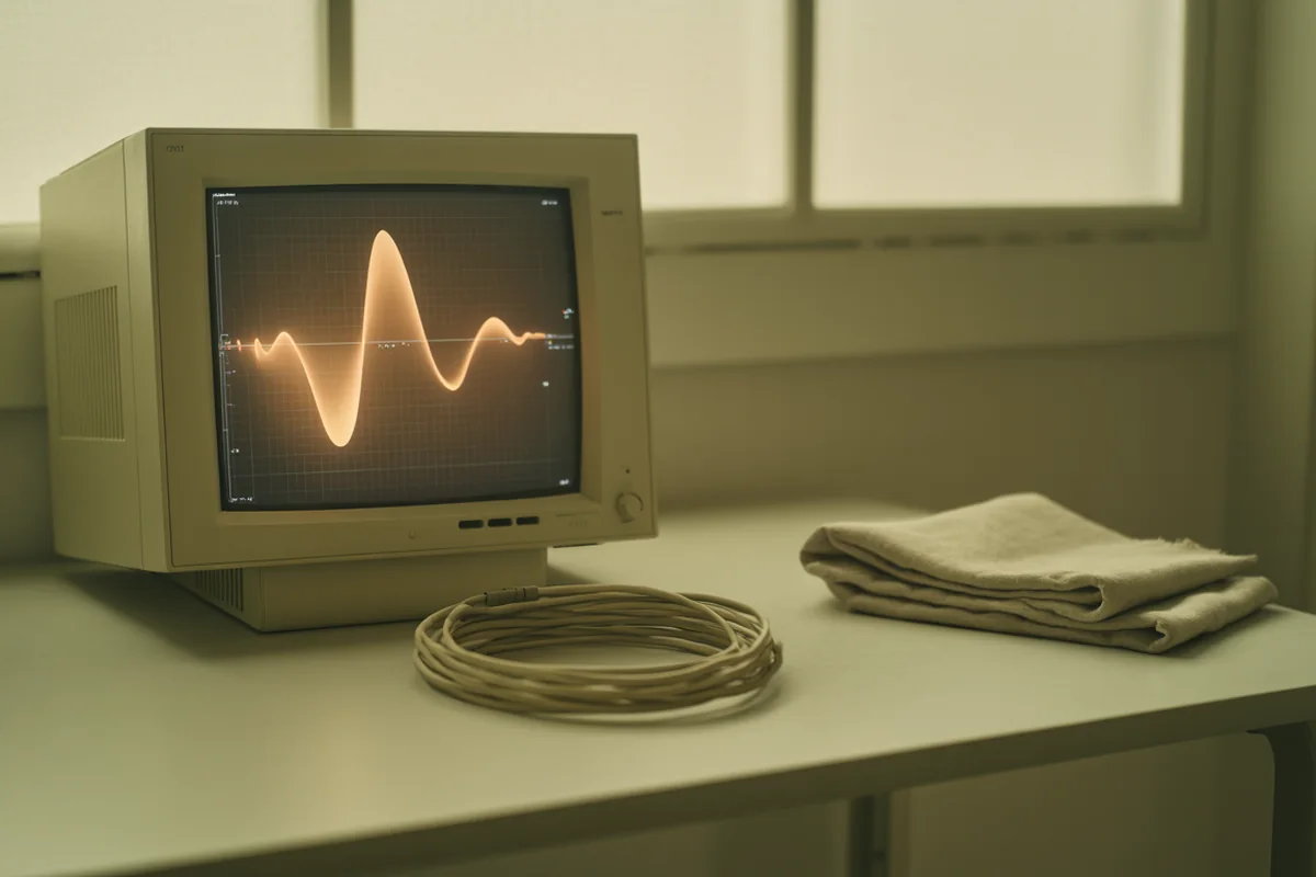 Warm afternoon light across a clinical desk with a monitor showing a single nerve conduction waveform beside a coiled electrode cable