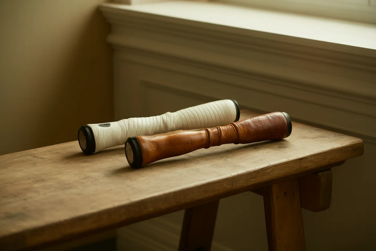 Two unbranded sports grips, one wrapped in white cloth and one in worn brown leather, resting on a weathered oak bench in golden-hour window light