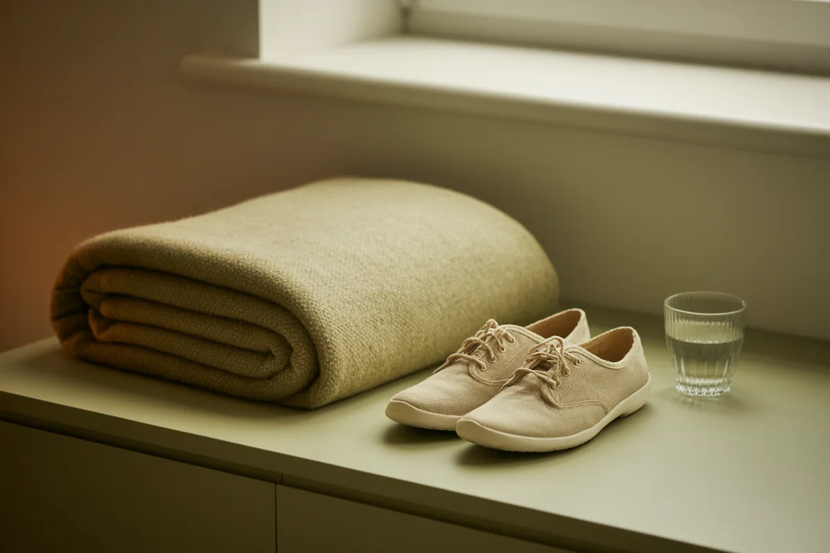 A folded sage throw blanket beside canvas walking shoes and a glass of water in soft morning light
