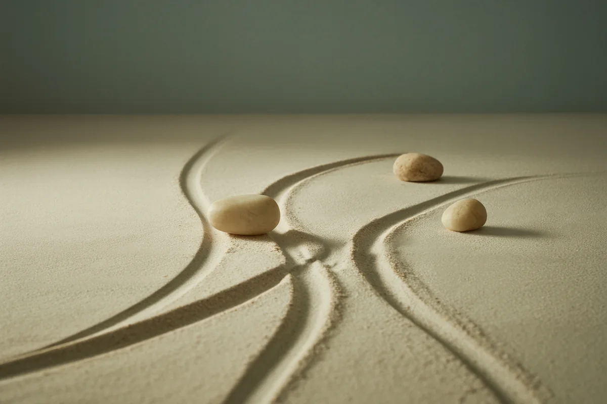 Three pale stones at the start of three diverging paths traced in fine sand under soft light