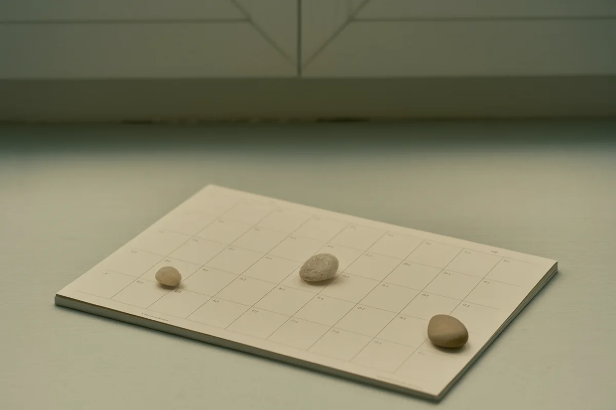 Three smooth pebbles spaced evenly along a blank cream paper sheet in soft window light