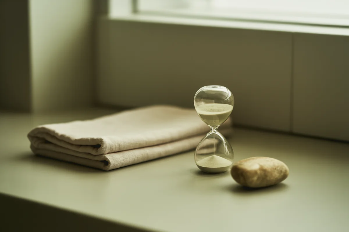 A small hourglass timer with pale sand mid-fall beside a folded cloth and a smooth stone in gentle light