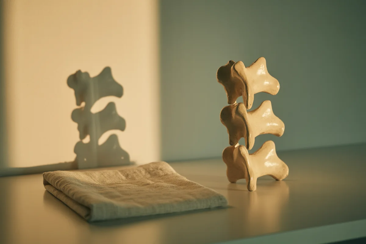A carved pale wood model of lumbar vertebrae standing upright in warm afternoon light beside folded linen