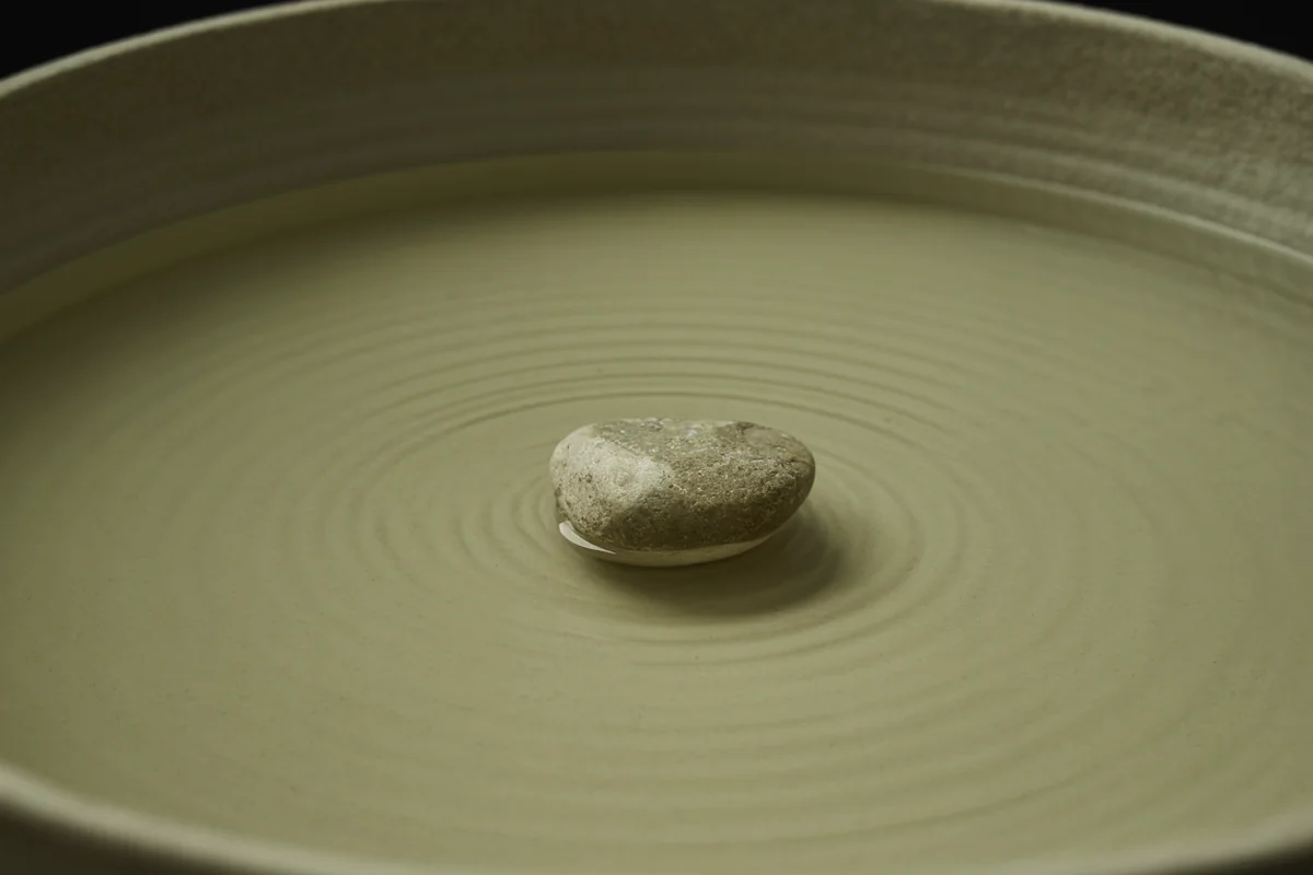 A single stone at the centre of a shallow bowl of still water with one set of ripples spreading outward