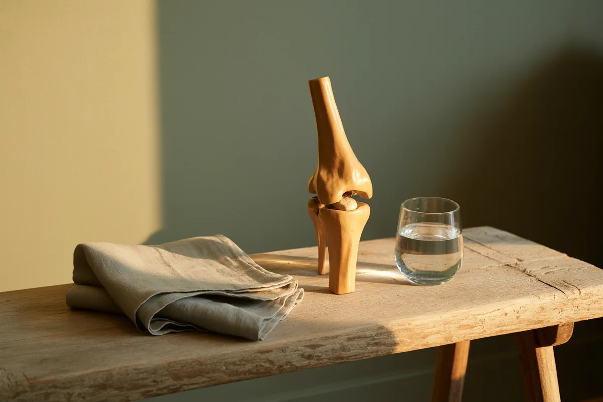 A polished wooden anatomical model of a knee joint on a weathered oak bench beside folded sage linen and a glass of water in golden-hour light