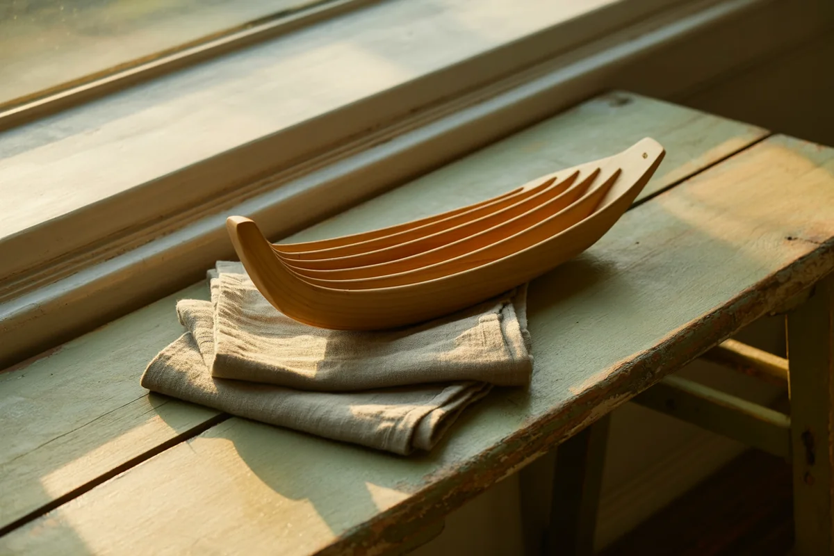 A section of wooden boat hull showing evenly spaced ribs beside sage linen on a weathered oak bench in golden-hour light