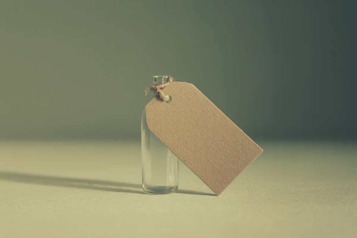 A single small clear glass vial beside a plain blank paper tag tied with string on a pale surface