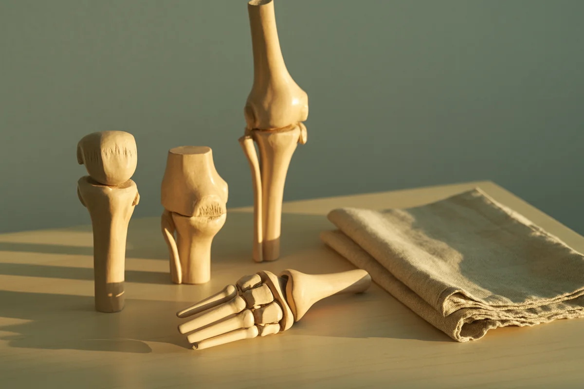 Three carved pale wood anatomical joint models arranged in a row on a wooden surface in golden-hour light