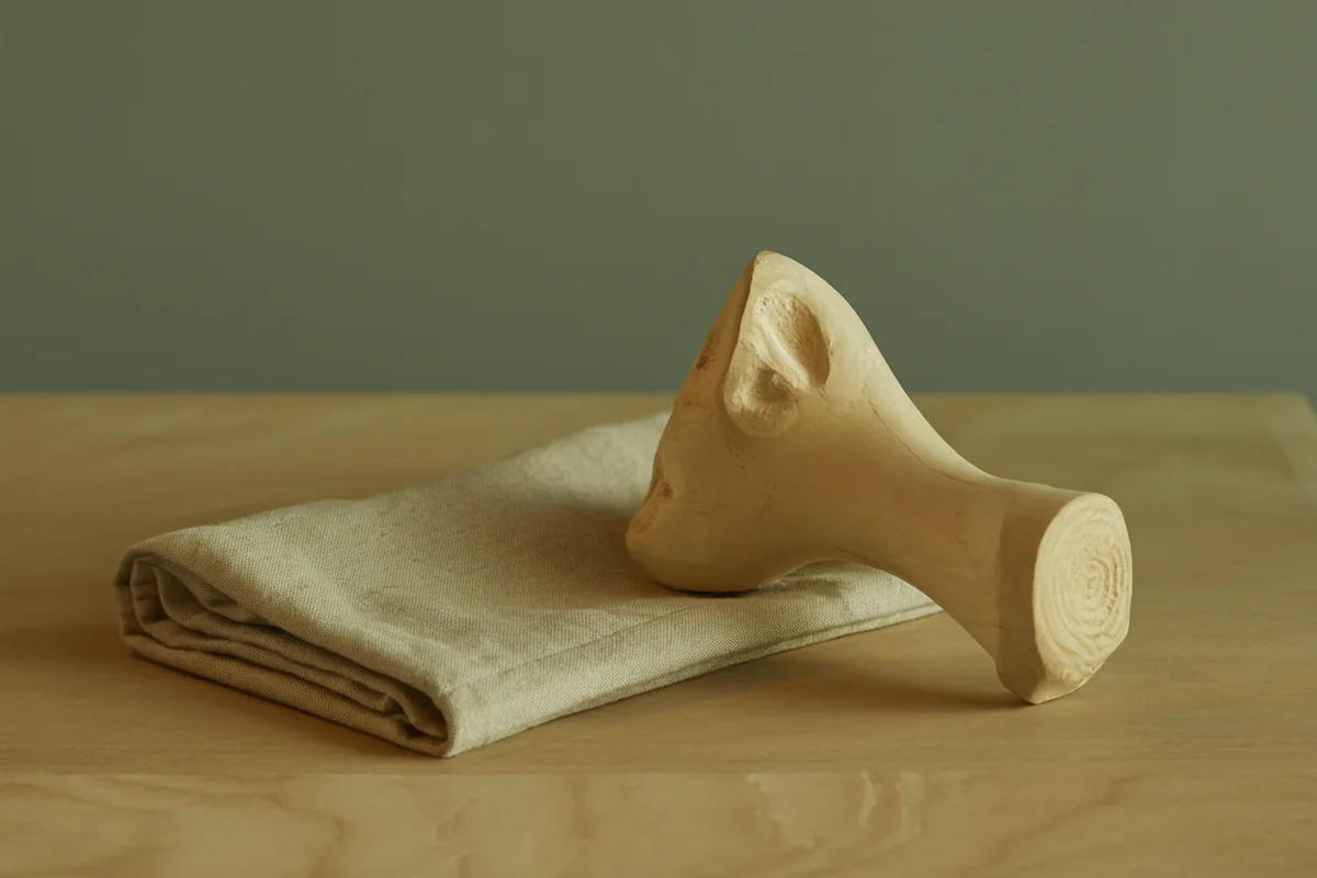 A carved pale wood anatomical model of a shoulder joint resting beside folded linen in golden-hour light