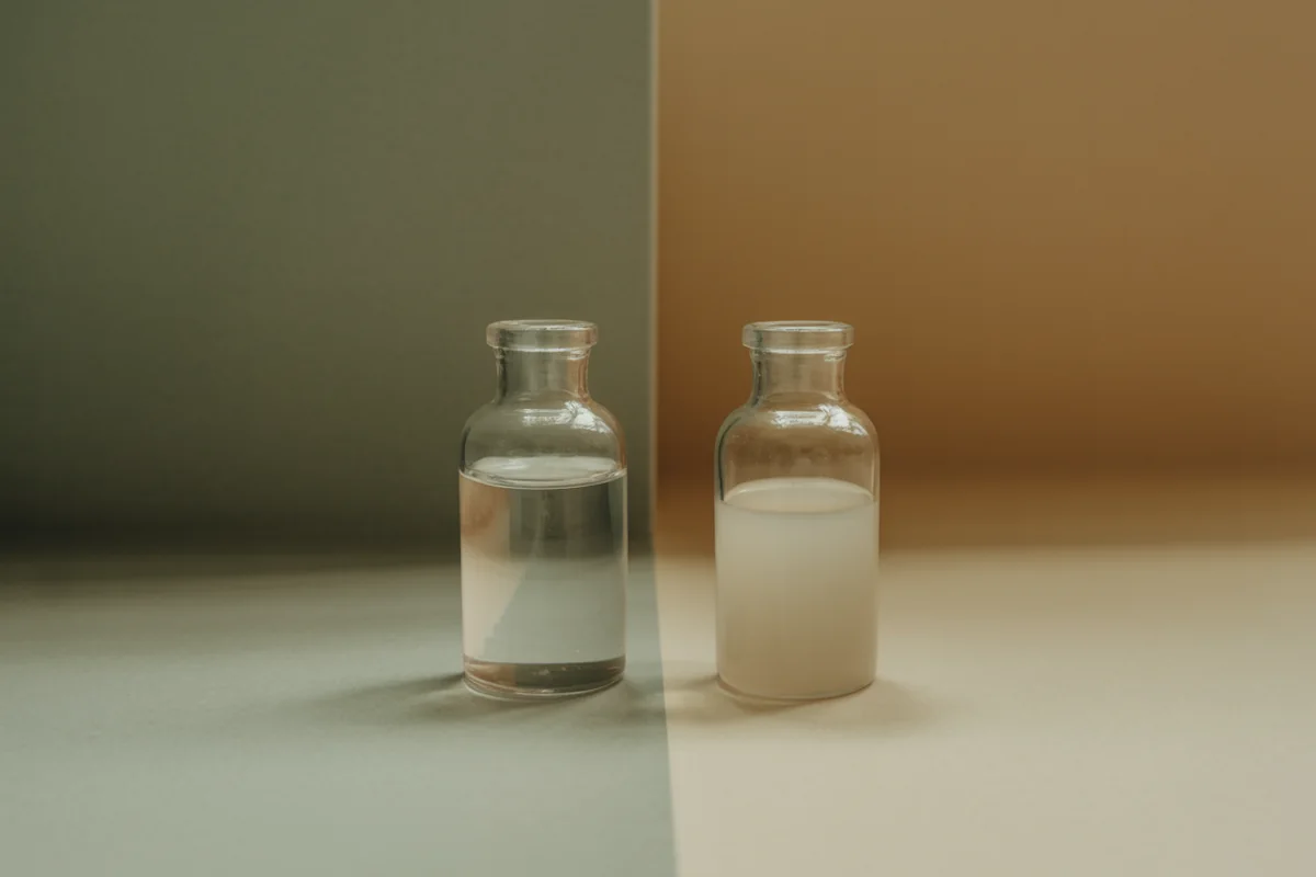 Two small glass vials side by side, one holding clear liquid and one holding cloudy white liquid