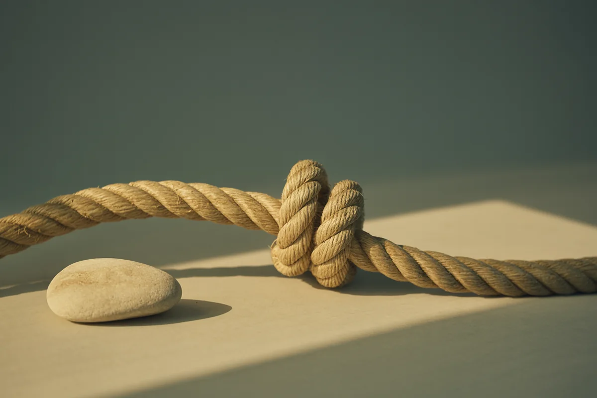 A length of natural rope lying slack with one tight knot drawn in its middle catching the light