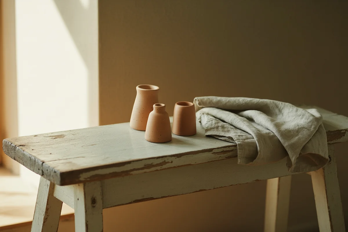 Three unglazed terracotta vessels of graduated height in a row beside sage linen on a weathered oak bench in golden-hour light