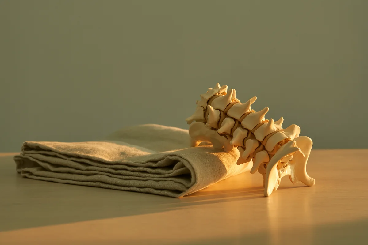 A carved pale wood model of a lumbar spine segment lying at an angle beside folded linen in golden-hour light