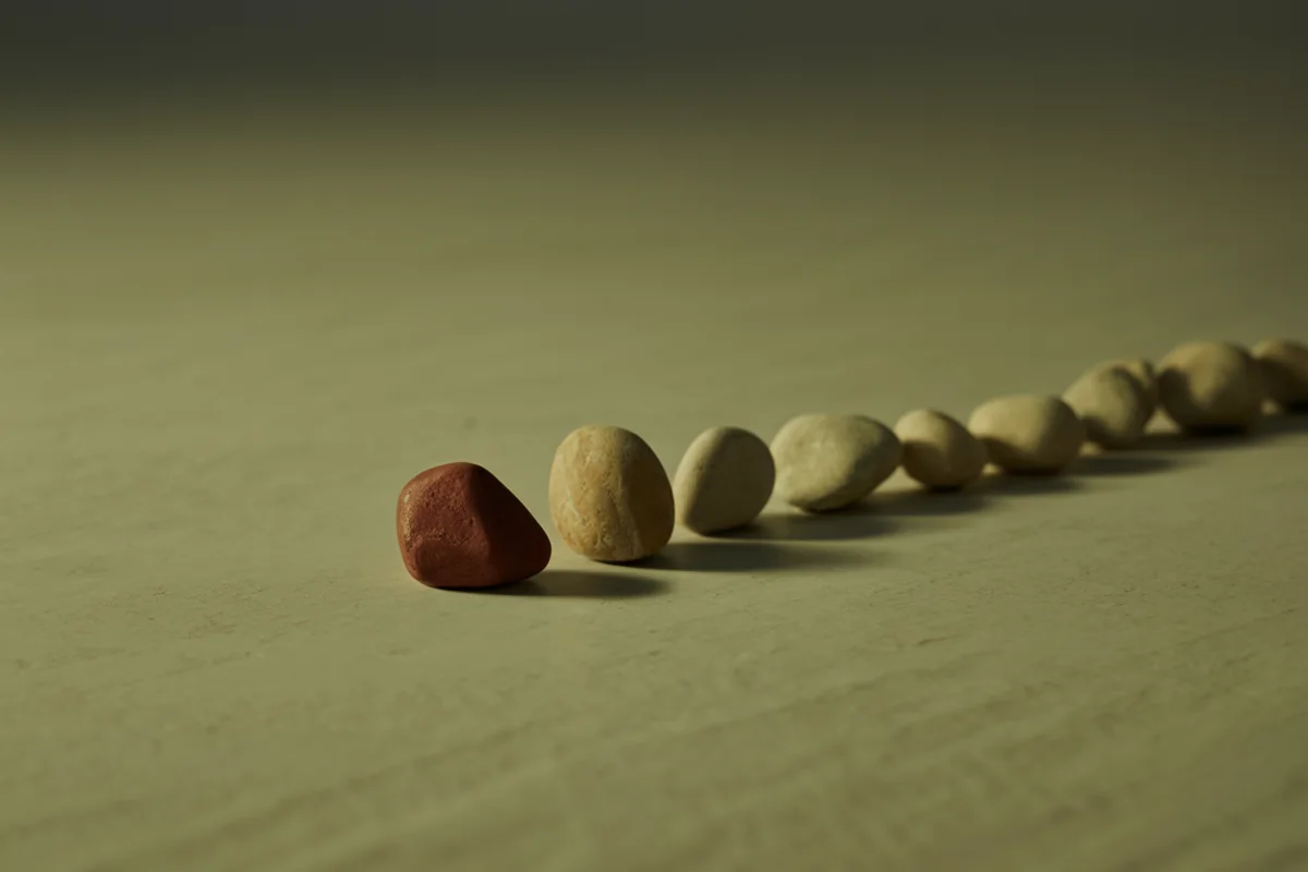 A line of small pale stones with one deep terracotta stone standing clearly apart from the rest