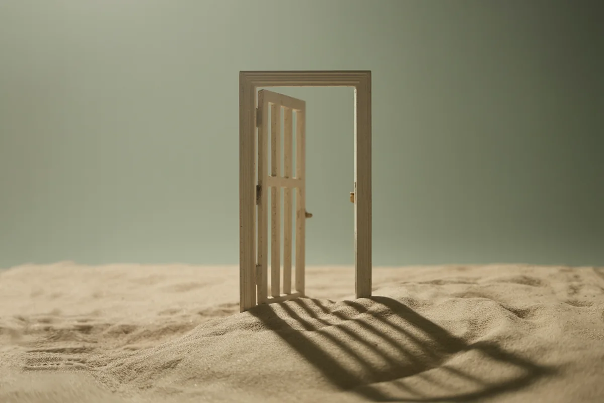 A simple wooden gate standing open on fine sand, casting a long soft shadow in window light