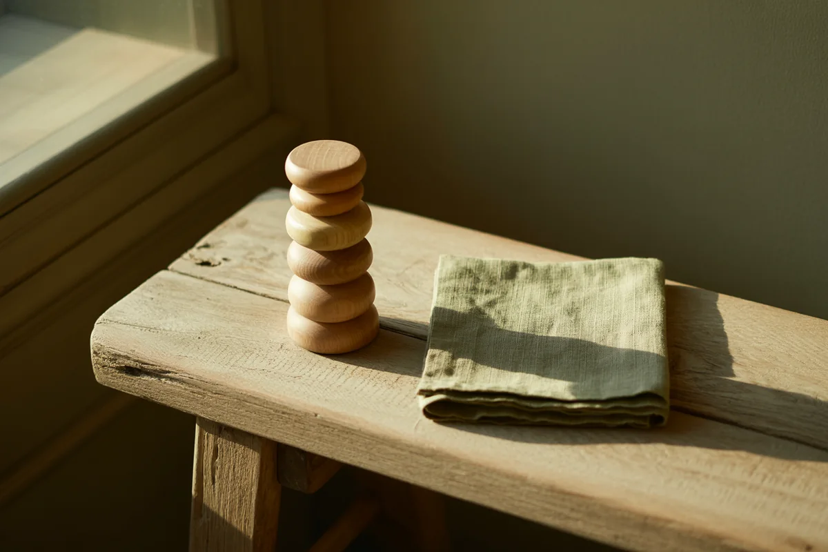 A stack of five graduated carved wooden blocks on a weathered oak bench beside sage linen in golden-hour light