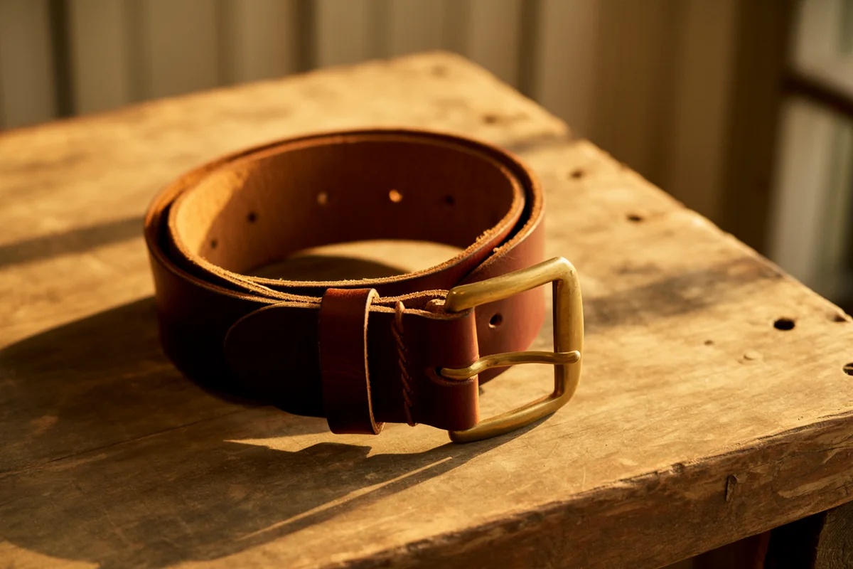 A heavy leather work belt coiled on a weathered wooden surface in warm golden-hour light