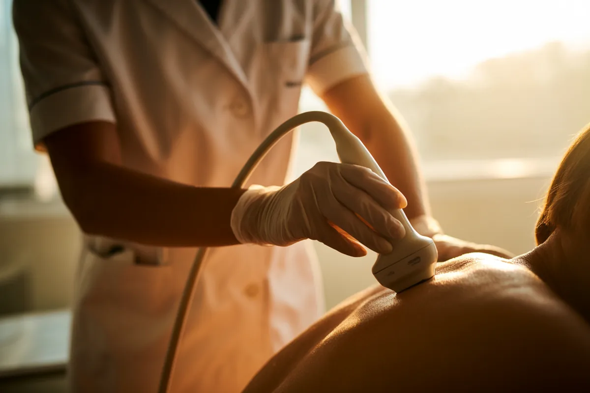 Golden-hour photograph of a clinician's gloved hands positioning an ultrasound probe on a patient's shoulder