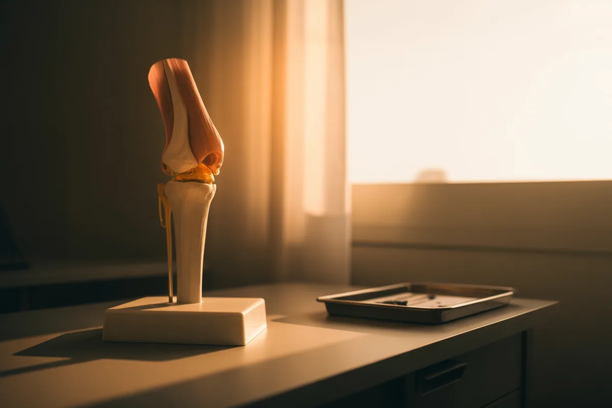 Golden-hour light across a clinic desk holding an anatomical knee model beside a closed sterile procedure tray