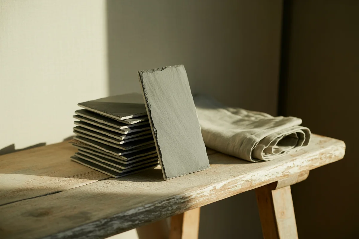 A stack of flat grey slate tiles with one leaning upright, beside sage linen on a weathered oak bench in golden-hour light