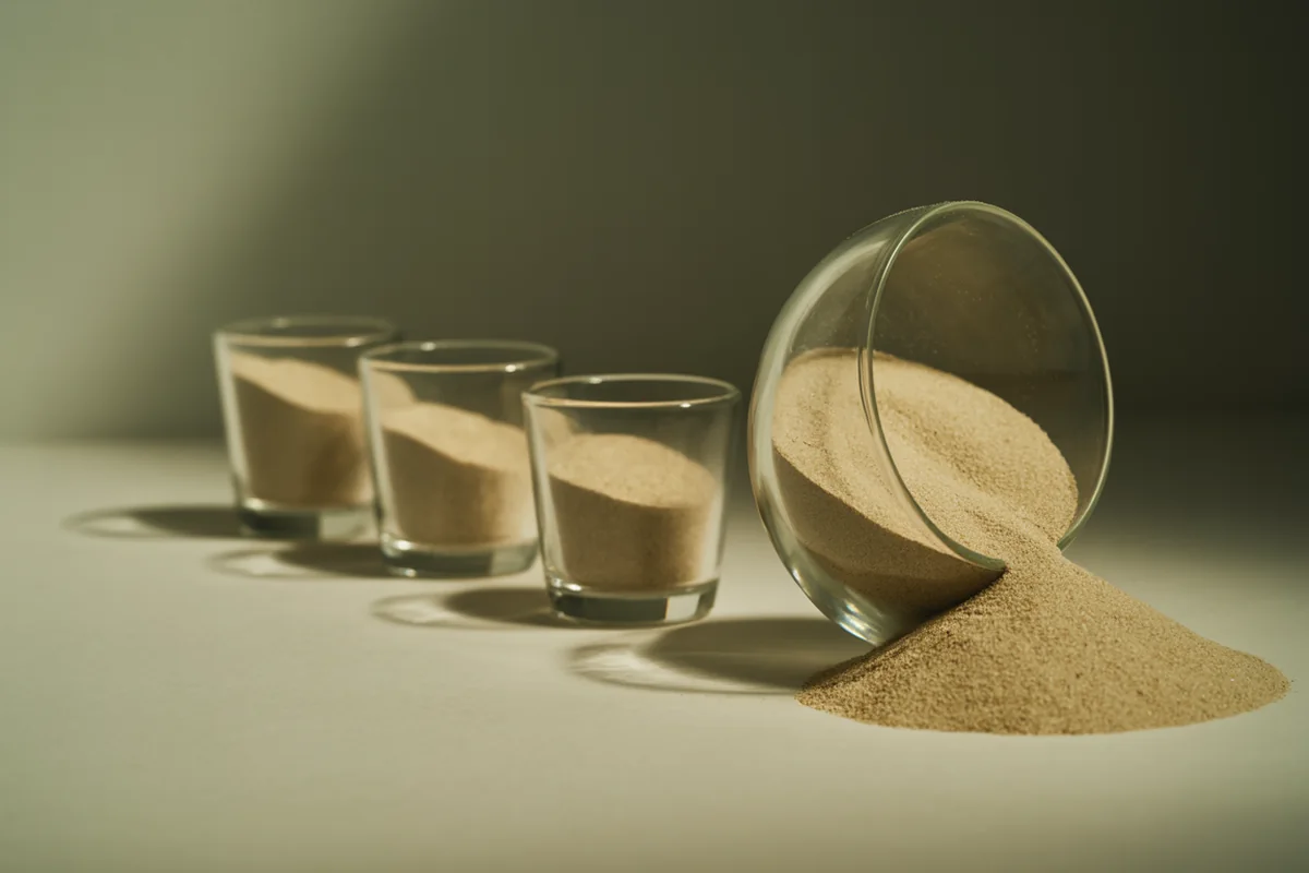 Four small glass vessels holding progressively more fine sand, the last overfull and spilling over its rim