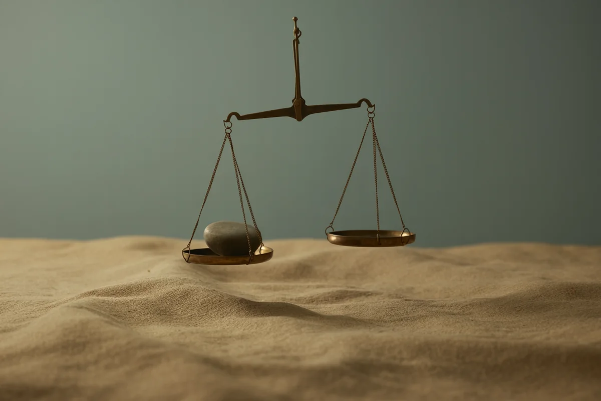 A brass balance scale in equilibrium with a smooth dark stone on each pan under low raking light