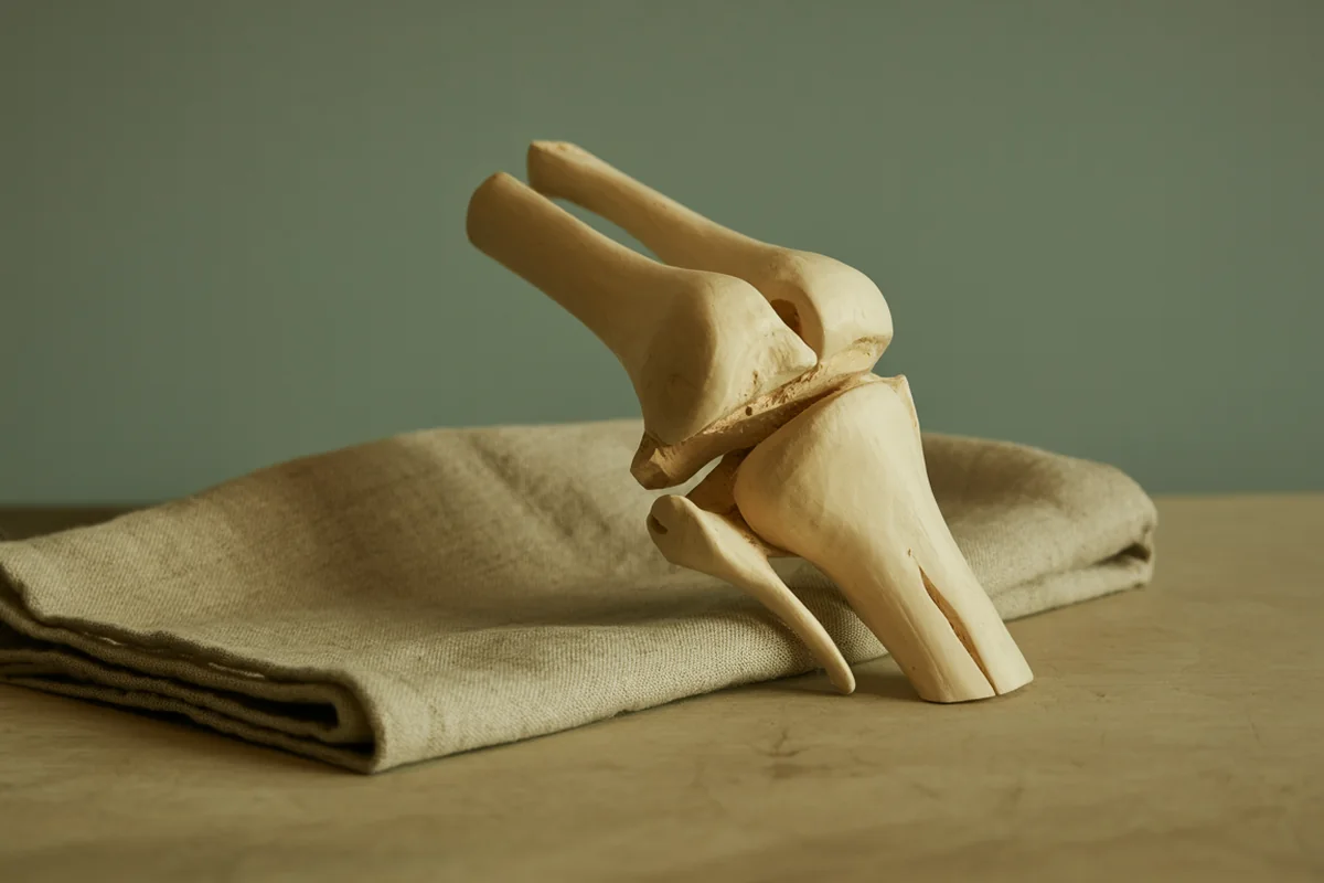 A carved pale wood model of a knee joint resting beside folded linen in golden-hour light