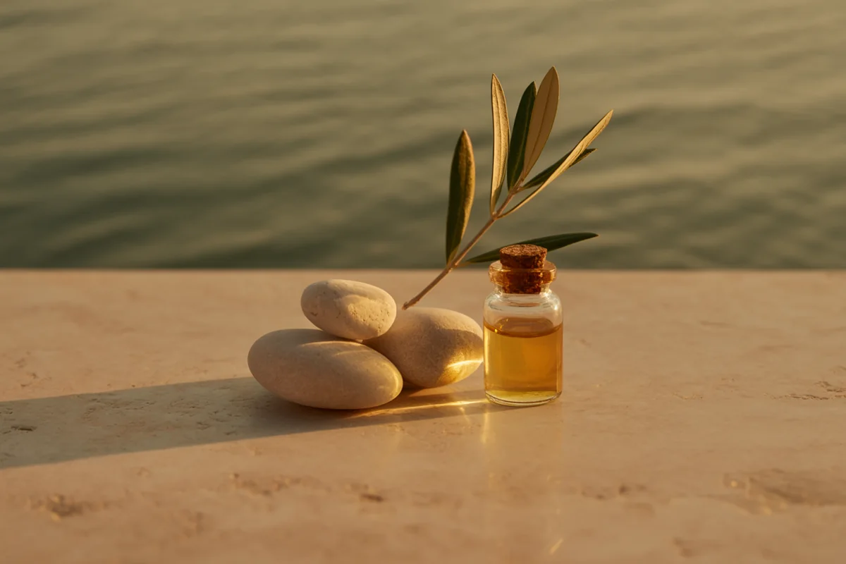A small glass vial of amber liquid beside smooth river stones and dried olive leaves in golden-hour light
