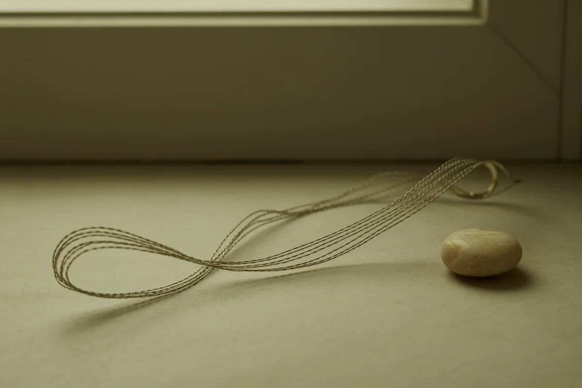 A single fine silver thread laid in a winding curve across a pale surface beside a small stone